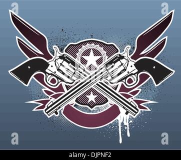 Vector illustration of Two cowboy revolver guns with a sheriff star and shield on the grunge Background Stock Vector