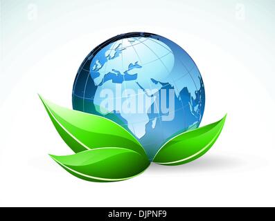 Vector illustration of blue Glossy Earth Map Globe with funky green leaves Stock Vector