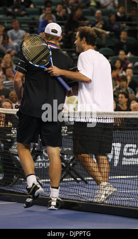 Apr 10, 2010 - Atlantic City , New Jersey , USA - ANDY RODDICK and PETE SAMPRAS meet at the net at the conclusion of their match. Andy Roddick beat Pete Sampras in the 3rd match in the Caesars Tennis Classic at Historic Boardwalk Hall  in Atlantic City NJ on Saturday April 10, 2010.   (Credit Image: © Tom Briglia/ZUMA Press) Stock Photo