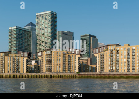 View of Canary Wharf and Isle of Dogs from River Thames Stock Photo