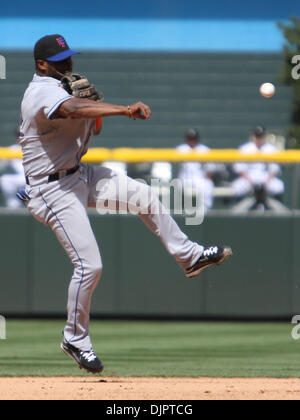 Apr 15, 2010 - Denver, Colorado, USA - MLB Baseball - New York Mets second baseman LUIS CASTILLO makes an out to first during a 5-0 win over the Colorado Rockies at Coors Field on Jackie Robinson Day (42). (Credit Image: Â© Don Senia Murray/ZUMApress.com) Stock Photo