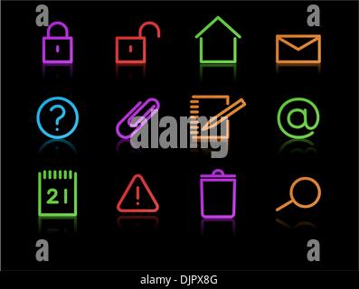 Vector set of elegant neon simple icons for common computer functions Stock Vector