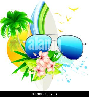 Vector illustration of funky summer  background with palm trees, hibiscus flowers, surfboard and funky sunglasses Stock Vector