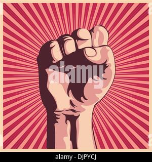 Vector illustration in retro style of a clenched fist held high in protest. Stock Vector