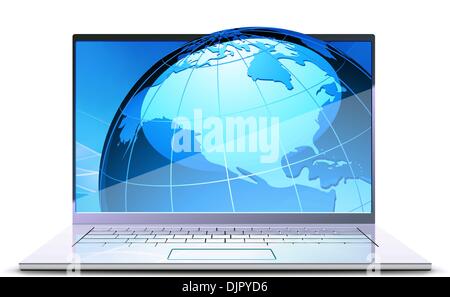 Vector illustration of modern laptop with big blue globe on the display Stock Vector