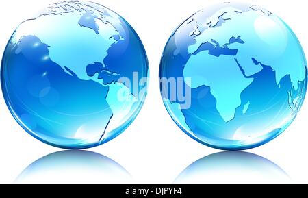 Vector illustration of blue Glossy Earth Map Globes different angles Stock Vector
