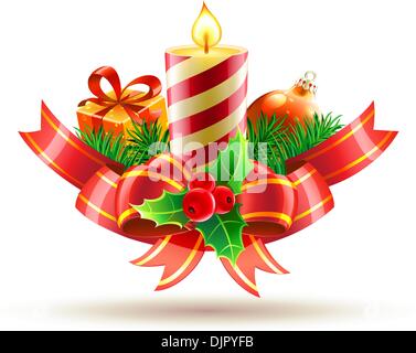 Vector illustration of Christmas decorative composition with red bow,  ribbons, candle, holly leaves and berries Stock Vector