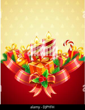 Vector illustration of cool Christmas candles and gift boxes with red bow and ribbon Stock Vector