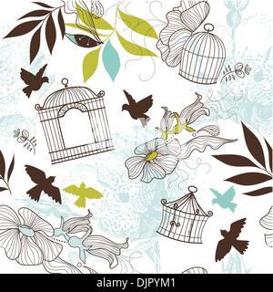 Birds and bird cages. Seamless pattern Stock Vector
