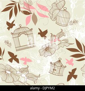 Birds and bird cages. Seamless pattern Stock Vector
