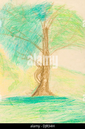 children drawing - green tree in hot summer day Stock Photo