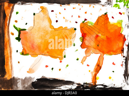 children drawing - fall maple leaves in window in autumn Stock Photo