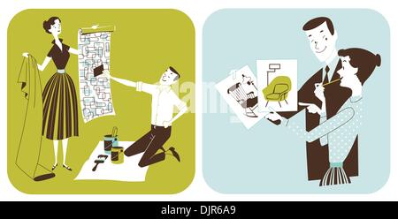 Couple Redecorating. Retro style Stock Vector