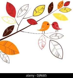 Autumn leaves and two birds kissing Stock Vector