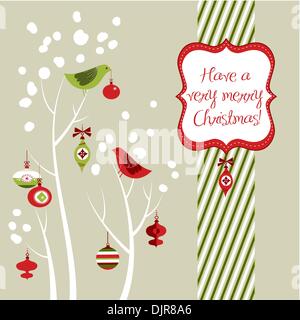 Retro Christmas card with two birds, white snowflakes, winter trees and baubles Stock Vector
