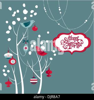 Retro Christmas card with two birds, white snowflakes, winter trees and baubles Stock Vector