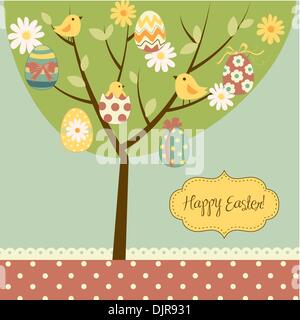 Retro Easter card with a tree, painted eggs, cicks, flowers and other cute elements Stock Vector