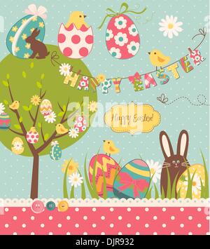 Easter Extravaganza. Big Easter set with cute chocolate rabbit, colourful eggs, chicks, Easter tree and a Clothesline with lette Stock Vector