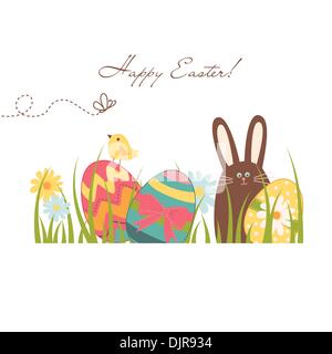 Easter Background with cute chocolate rabbit, colorful eggs and a chick Stock Vector