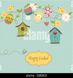 Beautiful Spring backgroun with bird houses, birds, eggs and flowers Stock Vector