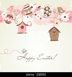 Beautiful Spring backgroun with bird houses, birds, eggs and flowers Stock Vector