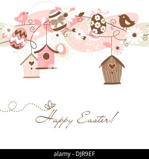 Beautiful Spring backgroun with bird houses, birds, eggs and flowers Stock Vector