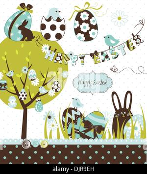 Easter Extravaganza. Big Easter set with cute chocolate rabbit, colourful eggs, chicks, Easter tree and a Clothesline with lette Stock Vector