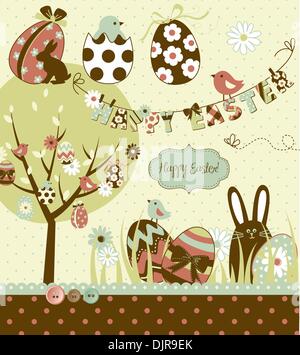 Easter Extravaganza. Big Easter set with cute chocolate rabbit, colourful eggs, chicks, Easter tree and a Clothesline with lette Stock Vector