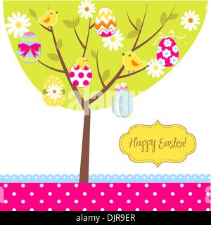 Retro Easter card with a tree, painted eggs, chicks, flowers and other cute elements Stock Vector