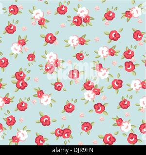 English Rose, Seamless wallpaper pattern with pink roses on blue background, vector illustration Stock Vector