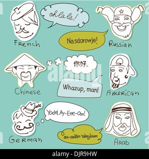 Different stereotypes of nationalities from all over the world. Hand drawn doodles. Stock Vector