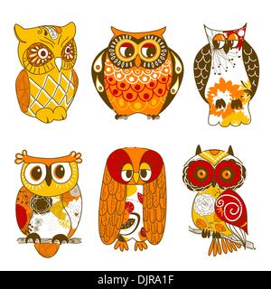 Collection of six different owls Stock Vector