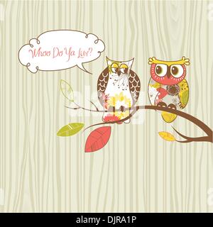 Two pretty owls sitting on the branch. Stock Vector