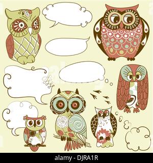 Collection of six different owls with speech bubbles Stock Vector