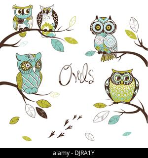 Collection of five different owls, sitting on the tree brunches Stock Vector