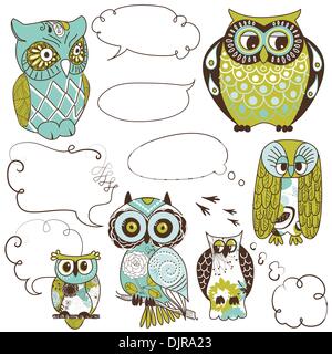 Collection of six different owls with speach bubbles Stock Vector
