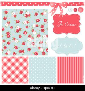 Vintage Rose Pattern, frames and cute seamless backgrounds. Ideal for printing onto fabric and paper or scrap booking. Stock Vector
