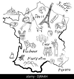 Stylized map of France. Things that different Regions in France are famous for. Stock Vector