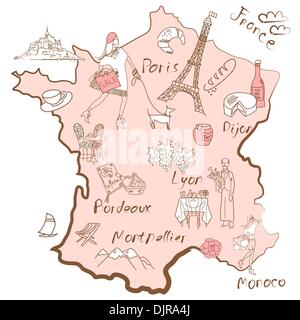 Stylized map of France. Things that different Regions in France are famous for. Stock Vector