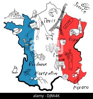 Stylized map of France. Things that different Regions in France are famous for. Stock Vector