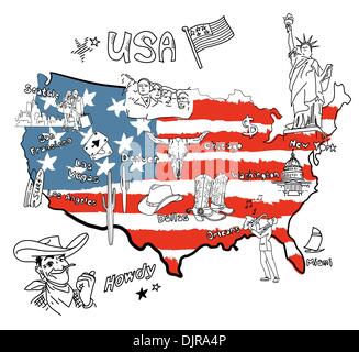 Stylized map of America. Things that different Regions in USA are famous for. Stock Vector