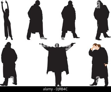 A collection of silhouettes of men in trench coat. Vector Stock Vector