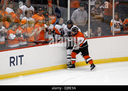 Mar. 27, 2010 - Albany, New York, U.S - 27 March 2010: RIT Forward Sean Murphy (17) during ice hockey action between New Hampshire and Rochester Institute of Technology (RIT) at the East Regional Tournament final of the 2010 NCAA Hockey Championship held at Times Union Center in Albany, New York.  The RIT Tigers defeated the New Hampshire Wildcats 6-2 to advance to the NCAA Frozen  Stock Photo