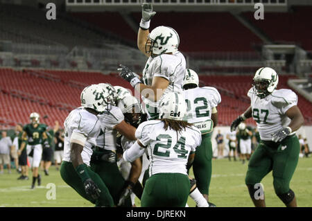 Apr. 17, 2010 - Tampa, Florida, U.S - 17 April 2010: Team Bulls celebrates a touchdown in the fourth quarter. Team South Florida defeated Team Bulls  52-31 as USF played their spring football game at Raymond James Stadium in Tampa, Florida (Credit Image: © Margaret Bowles/Southcreek Global/ZUMApress.com) Stock Photo