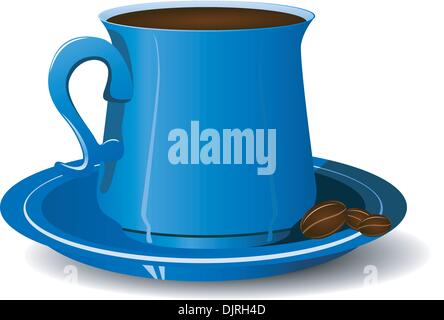Blue cup with coffee beans on a platter. vector Stock Vector