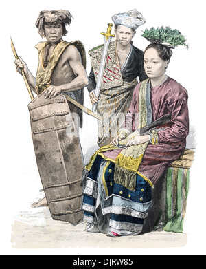 Late 19th century XIX 1800s Borneo Dyaks and Lady Stock Photo