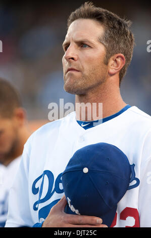 Apr. 14, 2010 - Los Angeles, California, U.S - 14 April 2010: Los Angeles Dodgers third baseman Casey Blake (23) stands at attention with his hat over his heard as the National Anthem is sung before a matchup with the Arizona Diamondbacks at Dodger Stadium in Los Angeles, California..Mandatory Credit: Andrew Fielding / Southcreek Global (Credit Image: © Andrew Fielding/Southcreek G Stock Photo