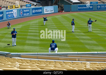 Apr. 17, 2010 - Los Angeles, California, U.S - 17 April 2010:  Dodgers players warm up in the outfield before the game. The Los Angeles Dodgers were shutout by the San Francisco Giants, 9-0, at Dodger Stadium in  Los Angeles, California. .Mandatory Credit: Andrew Fielding / Southcreek Global (Credit Image: © Andrew Fielding/Southcreek Global/ZUMApress.com) Stock Photo