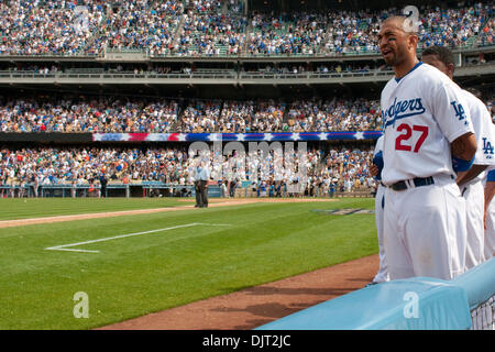 Apr. 17, 2010 - Los Angeles, California, U.S - 17 April 2010:  Los Angeles Dodgers center fielder Matt Kemp (27) and teammates stand at attention along with the fans during the seventh inning stretch as ''God Bless America'' is performed.The Los Angeles Dodgers were shutout by the San Francisco Giants, 9-0, at Dodger Stadium in  Los Angeles, California. .Mandatory Credit: Andrew Fi Stock Photo