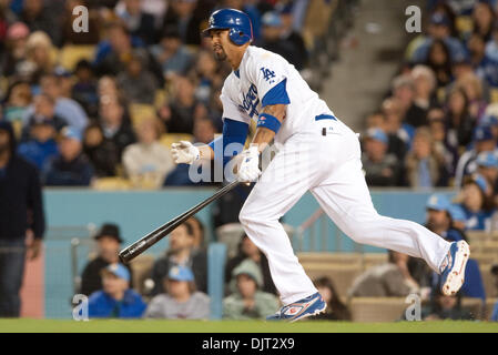 Apr. 29, 2010 - Los Angeles, California, U.S - 30 April 2010:  Los Angeles Dodgers center fielder Matt Kemp (27) watches the ball as he grounds out. The Pittsburgh Pirates lost to the Los Angeles Dodgers 6-2, at Dodger Stadium in Los Angeles, California.  .Mandatory Credit: Andrew Fielding / Southcreek Global (Credit Image: © Andrew Fielding/Southcreek Global/ZUMApress.com) Stock Photo